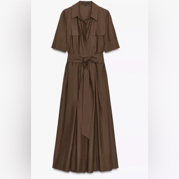 ZARA NEW WOMAN FW25 BELTED ZW COLLECTION POPLIN DRESS BROWN size L - Picture 4 of 4